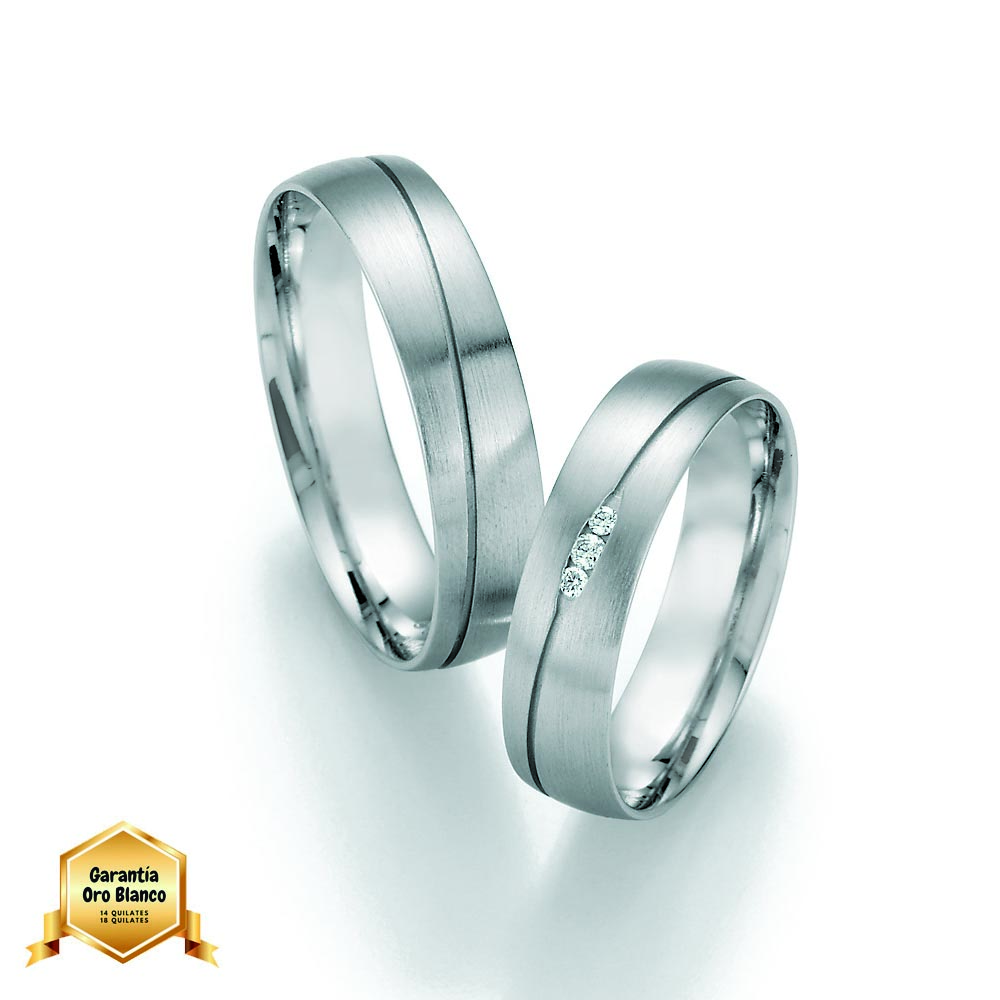 Alianzas de boda de oro blanco con paladio WENI de 5 mm con tres diamantes