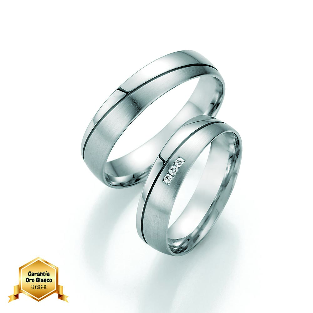 Alianzas de boda de oro blanco con paladio YINA de 5 mm con tres diamantes