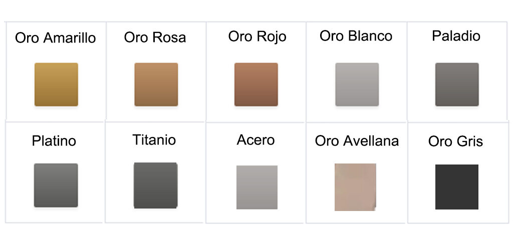 Materiales para alianzas: oro amarillo, rosa, rojo, blanco, avellana y gris, paladio, platino, titanio y acero